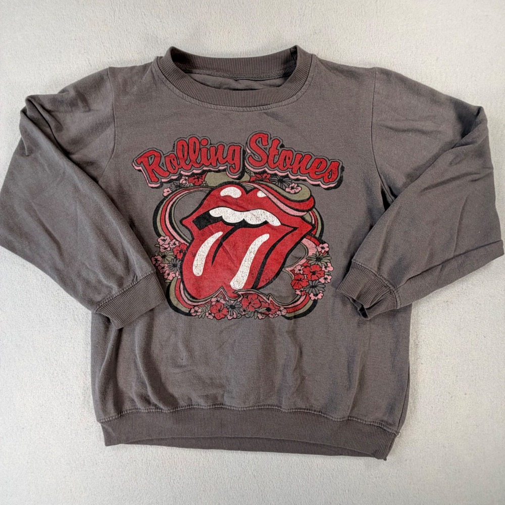 Rolling Stones Womens M Gray Sweatshirt Tongue Logo Floral Graphic Band 2022